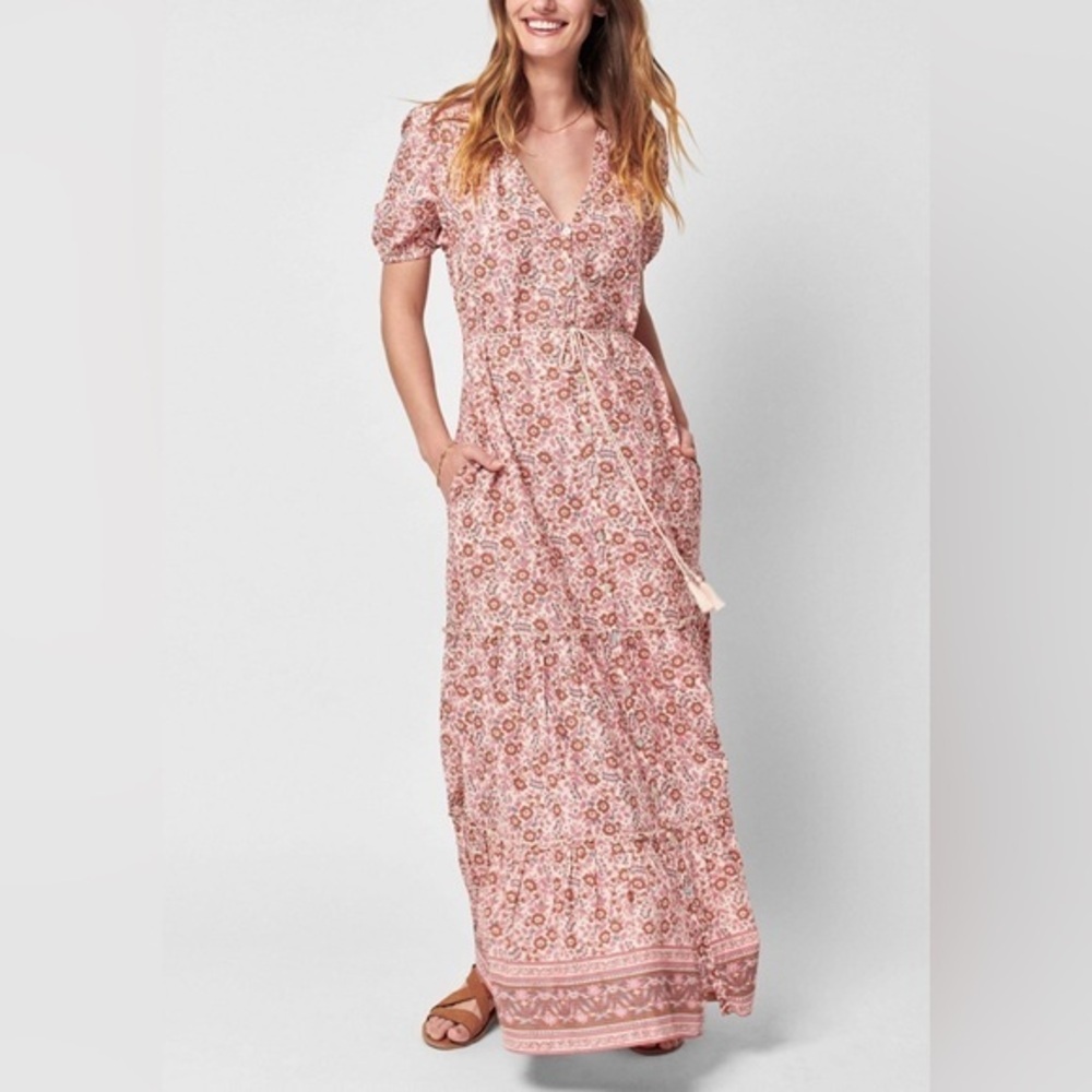 Faherty Orinda Maxi Dress Boho Block Print Belted Resort Vacation Size M - Picture 2 of 6